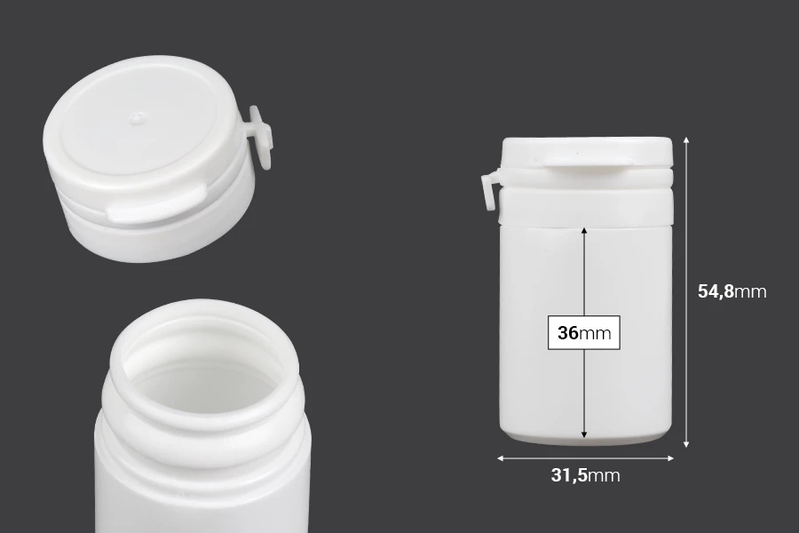 Бял пластмасов буркан с предпазна капачка 30 мл  за хапчета и капсули-изображение_размери
