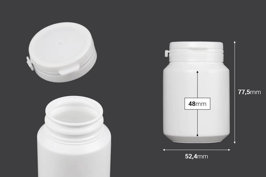 Пластмасов бял буркан 100мл с предпазен капак за хапчета и капсули Пластмасов бял буркан 100мл с предпазен капак за хапчета и капсули-изображение_размери