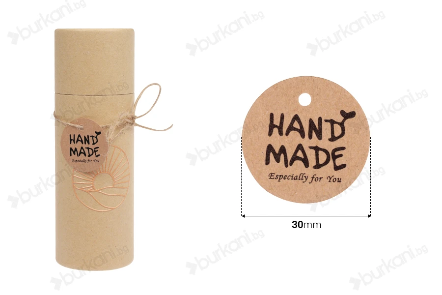 Хартиени етикети с надпис "Hand made" и връвчица - пакет 100 бр.-изображение_размери