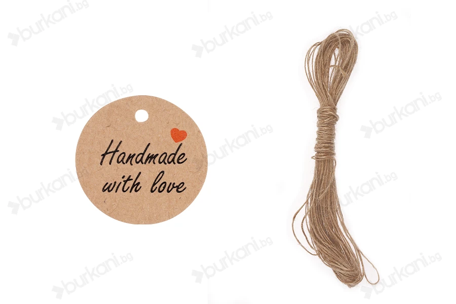 Хартиени етикети с надпис "Hand made with love" и връвчица - пакет 100 бр.-изображение_продукт