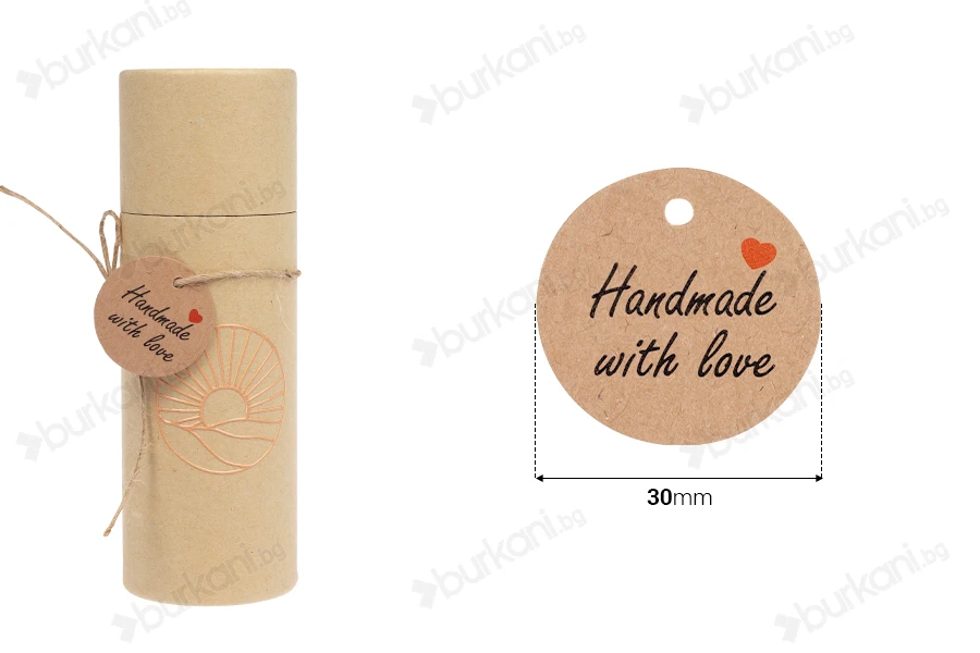 Хартиени етикети с надпис "Hand made with love" и връвчица - пакет 100 бр.-изображение_размери