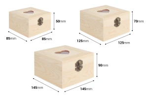 Дървена кутия за съхранение със Сърце прозорец и скоби - комплект от 3 части (S-M-L)-изображение_размери