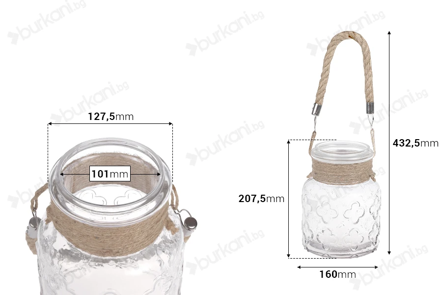 Декоративен стъклен буркан  2000 ml с дръжка без капачка с размери  110x180 mm-изображение_размери