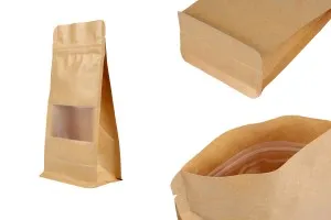 Крафт торби тип Doy Pack, с "цип" затваряне, прозорец, вътрешна и външна прозрачна оближовка 100x60x200 mm - 50 бр.-1
