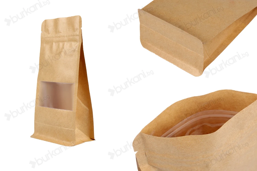 Крафт торби тип Doy Pack 100x60x200 mm, с "цип" затваряне, прозорец, вътрешна и външна прозрачна оближовка  - 50 бр.-изображение_продукт