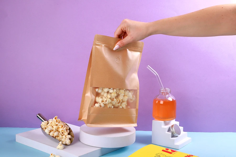 Крафт пликове тип " Doy Pack" 180x80x280 mm, с "цип" затваряне, клапан, прозорец, - 25 бр. Крафт пликове тип " Doy Pack" 180x80x280 mm, с "цип" затваряне, клапан, прозорец, - 25 бр.