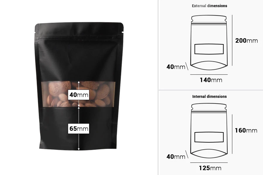 Крафт опаковки тип DOY PACK с размери 140x40x200 mm, с "цип" затваряне и прозорец, с възможност за термизапечатване - 100 бр. Крафт опаковки тип DOY PACK с размери 140x40x200 mm, с "цип" затваряне и прозорец, с възможност за термизапечатване - 100 бр.