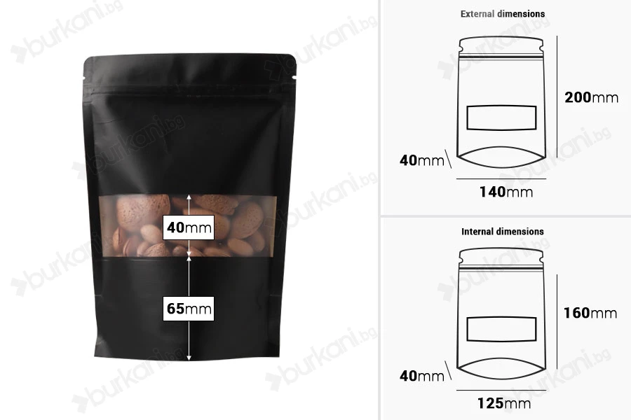 Крафт опаковки тип DOY PACK с размери  140x40x200 mm, с "цип" затваряне и прозорец, с възможност за термизапечатване  - 100 бр.-изображение_размери