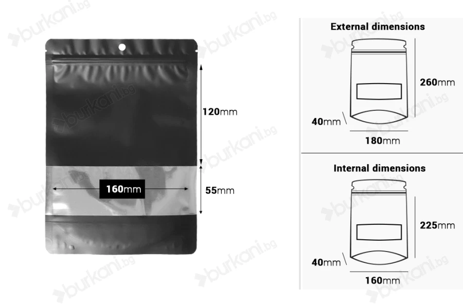 Алуминиеви торбички тип Дой Пак с размер 180x40x260 mm, с цип затваряне и възможност за термозапечатване - 100 бр./пакет-изображение_размери