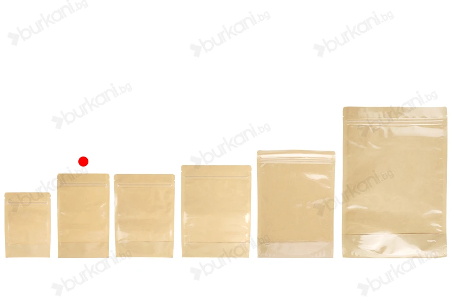 Торбички Doy Pack 120x40x200 mm  крафт гръб (14c), прозрачна предна част (8c) със закопчаване "цип" и възможност за запечатване с термозапечатване - 100 бр.-изображение_група