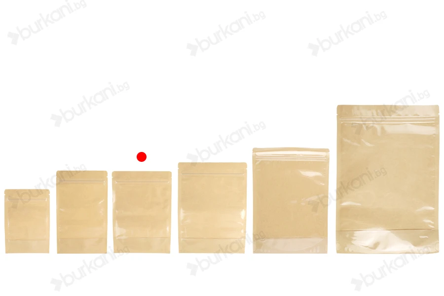 Торбички тип Doy Pack 140x40x200 мм крафт гръб (14c), прозрачна предна част (8c) със закопчаване "цип" и възможност за запечатване с термозапечатване - 100 бр.-изображение_група