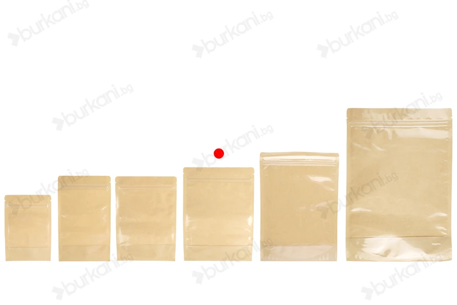 Торбички Doy Pack 160x40x220 мм крафт гръб (14c), прозрачна предна част (8c) със закопчаване "цип" и възможност за запечатване с термозапечатване - 100 бр.-изображение_група