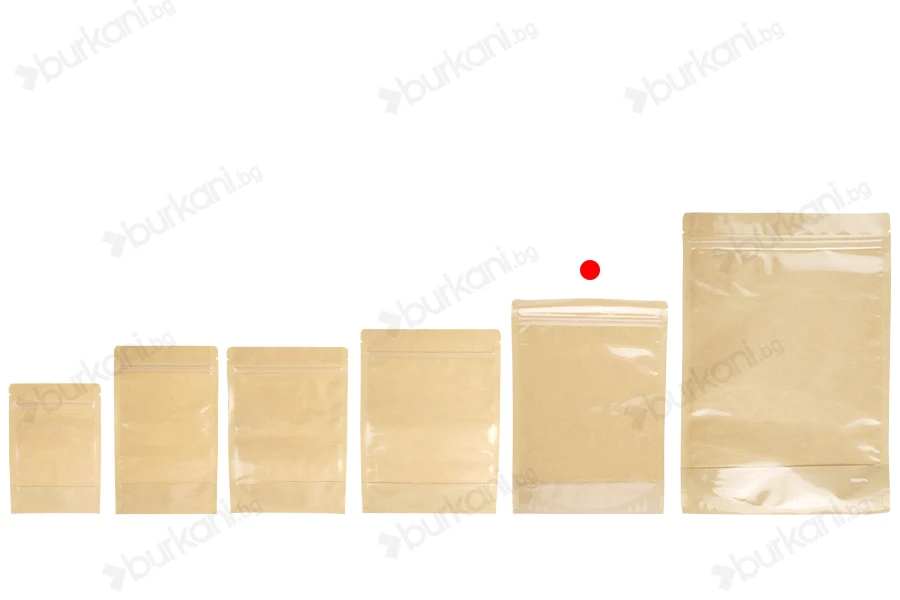 Торбички Doy Pack 180x40x260 мм крафт гръб (14c), прозрачна предна част (8c) със закопчаване "цип" и възможност за запечатване с термозапечатване - 100 бр.-изображение_група