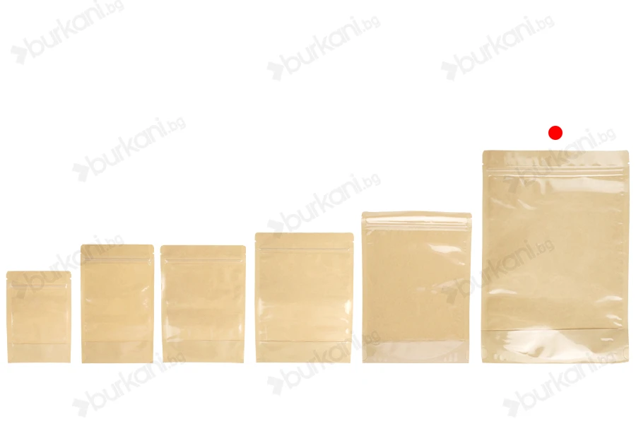 Торбички Doy Pack 200x50x300 мм крафт гръб (14c), прозрачна предна част (8c) със закопчаване "цип" и възможност за запечатване с термозапечатване - 100 бр.-изображение_група