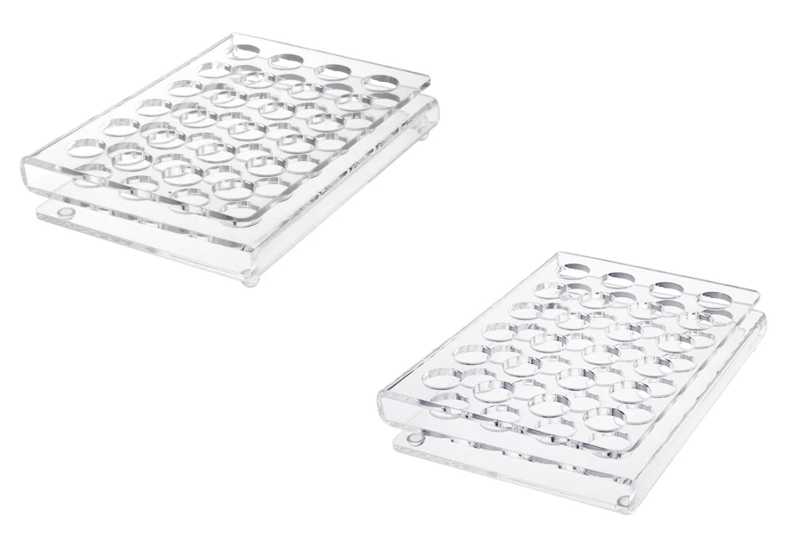 Щанд (стойка) от плексиглас 165x120x28 с силиконови крака - 24 места (отвор 17 mm) Щанд (стойка) от плексиглас 165x120x28 с силиконови крака - 24 места (отвор 17 mm)-изображение_продукт