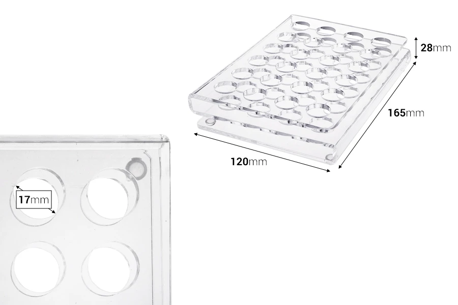 Щанд (стойка) от плексиглас 165x120x28 с силиконови крака - 24 места (отвор 17 mm) Щанд (стойка) от плексиглас 165x120x28 с силиконови крака - 24 места (отвор 17 mm)-изображение_размери
