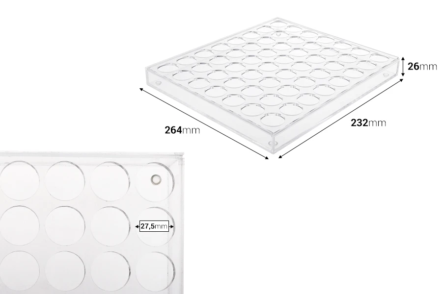 Стойка (стелаж)  от  плексиглас 165x120x28 с силиконови крака - 24 места (отвор на дупките  17 mm)-изображение_размери