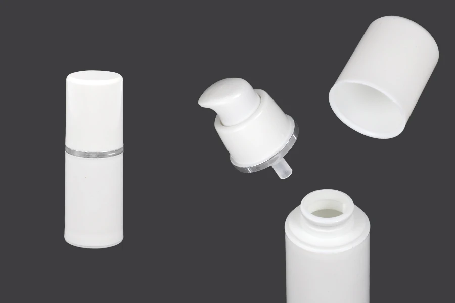 Пластмасова Airless бутилка за крем 15 ml ( бяла със стребриста лента) Пластмасова Airless бутилка за крем 15 ml ( бяла със стребриста лента)