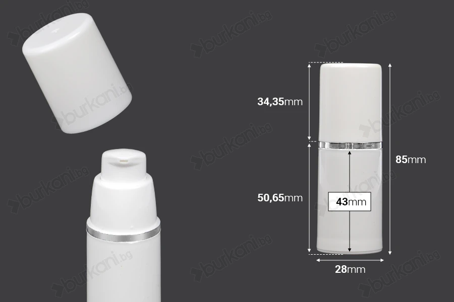 Пластмасова Airless бутилка за крем 15 ml ( бяла със стребриста лента)-изображение_размери