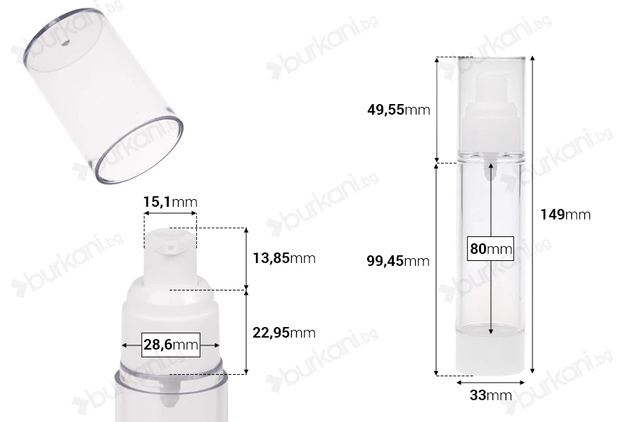 Прозрачна пластмасова бутилка Airless за крем  50 ml-изображение_размери
