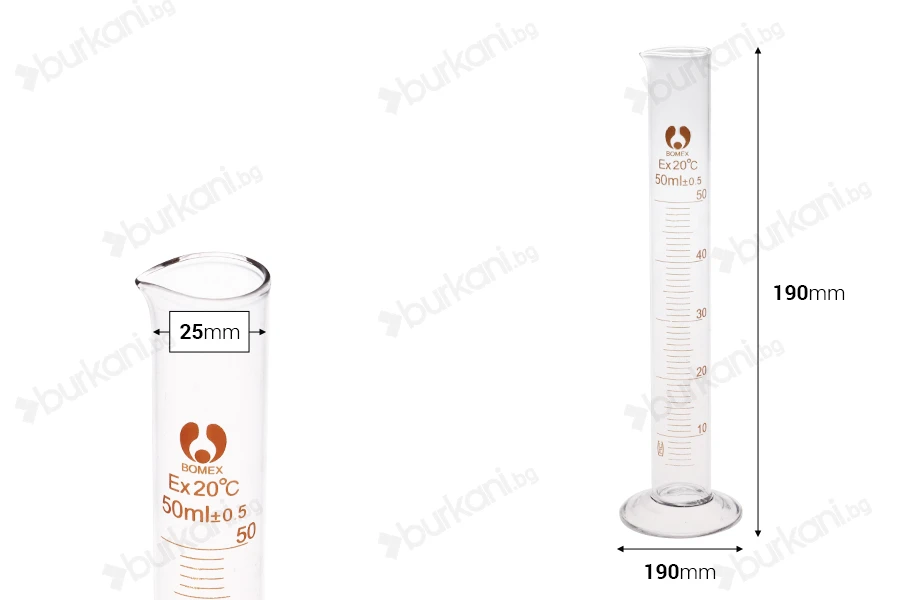 Стъклена цилиндрична измервателна тръба 50 ml-изображение_размери