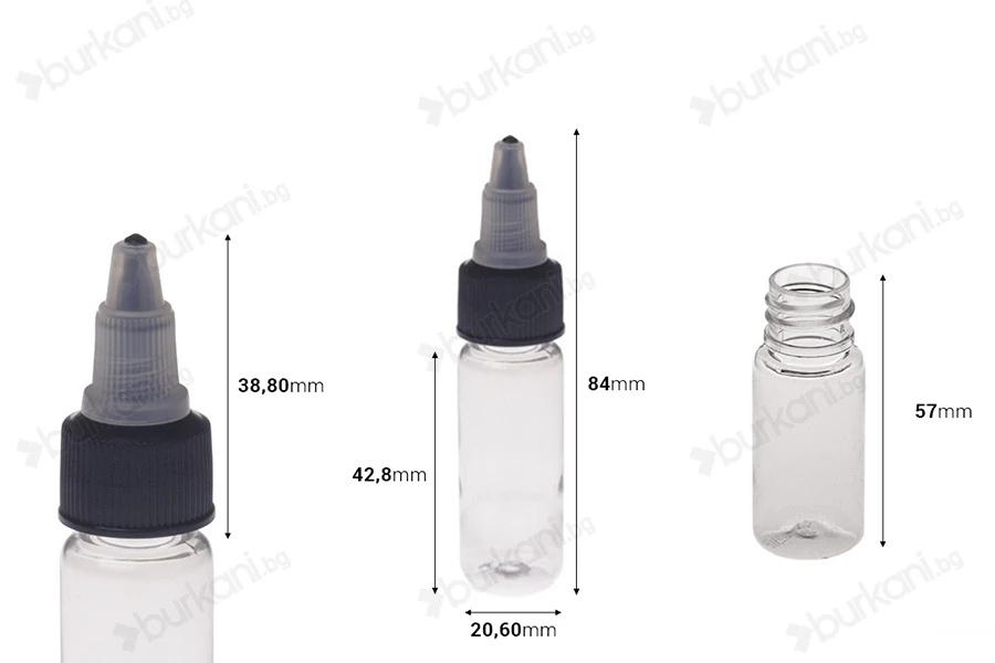 PET бутилка 10 ml с черна капачка Unicorn за електронна цигара - 50 бр-изображение_размери