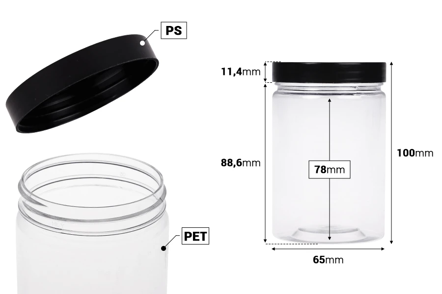 Пластмасов PET буркан 250 мл с черна капачка , с размери 65x100 mm Пластмасов PET буркан 250 мл с черна капачка , с размери 65x100 mm