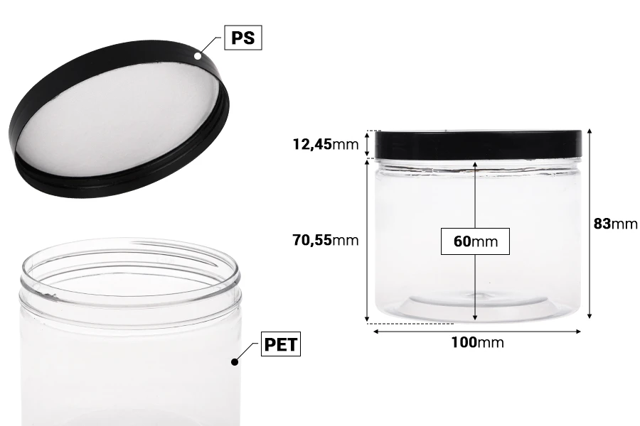 Пластмасова PET опаковка 500 мл с черна капачка, с размери 100x85 mm Пластмасова PET опаковка 500 мл с черна капачка, с размери 100x85 mm