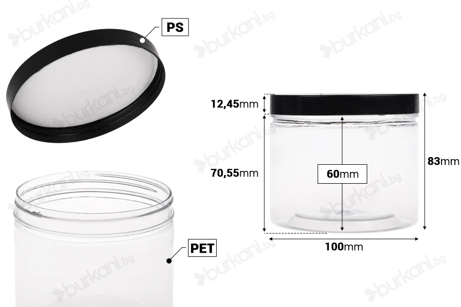 Пластмасова PET опаковка 500 мл с черна капачка, с размери 100x85 mm-изображение_размери