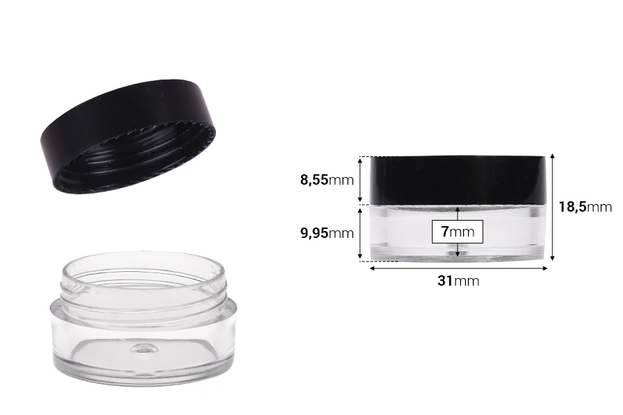 Пластмасово бурканче 5 мл с черна капачка (31х18.5) - в опаковка от 12 броя Пластмасово бурканче 5 мл с черна капачка (31х18.5) - в опаковка от 12 броя-изображение_размери