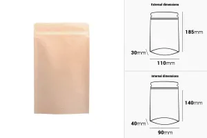 Крафт торбички с размер  Doy Pack 110x30x185 мм, с алуминиевo вътрешно покритие, закопчаване с "цип" и възможност за  термозапечатване - 50 бр.-изображение_размери