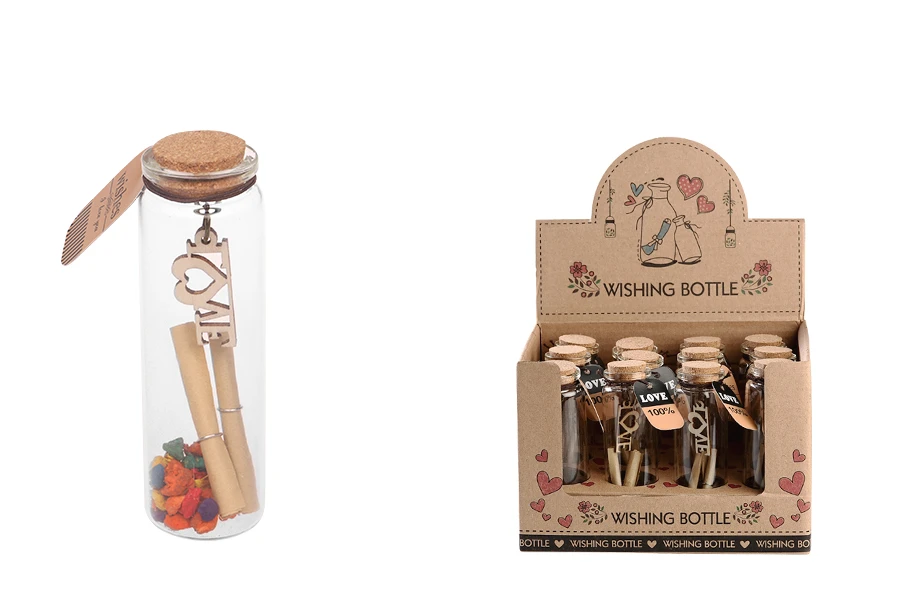 Малко стъклено шише с коркова тапа с пожелание, в кутия от 12 броя-изображение_продукт