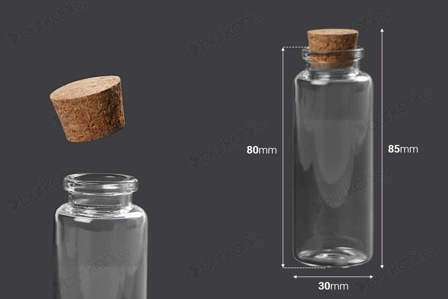 Стъклена бутилка 40 ml с коркова тапа - 12 бр./пакет-изображение_размери