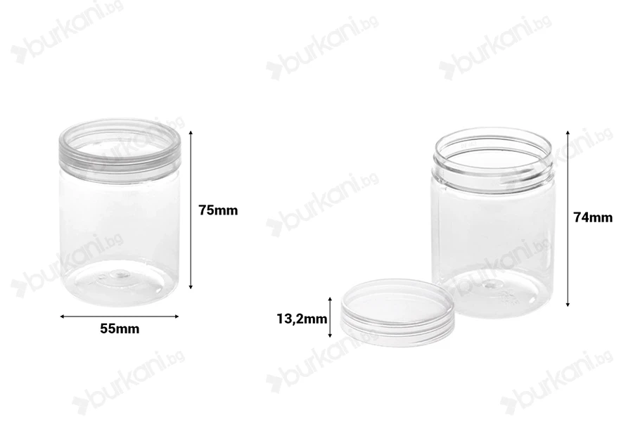 Пластмасови буркани  140 ml (PET) 55x73 mm с прозрачна капачка - 12 бр.-изображение_размери