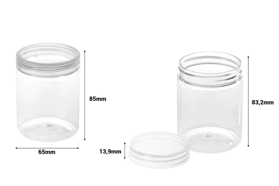 Пластмасов буркан 200 ml (PET) 65x85 mm с прозрачна капачка - 12 бр. в опаковка Пластмасов буркан 200 ml (PET) 65x85 mm с прозрачна капачка - 12 бр. в опаковка