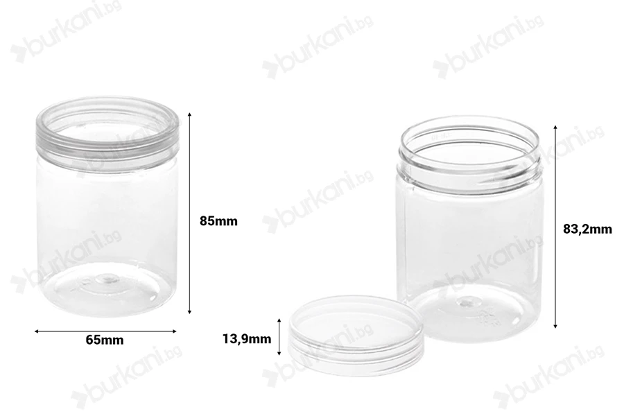 Пластмасов буркан 200 ml   (PET) 65x85 mm с прозрачна капачка - 12 бр. в опаковка-изображение_размери