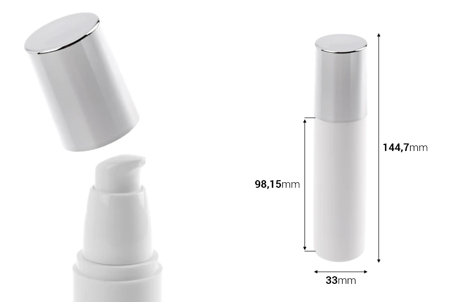 Пластмасова бяла бутилка Airless 50 ml със сребриста капачка Пластмасова бяла бутилка Airless 50 ml със сребриста капачка
