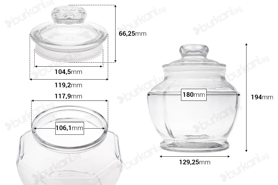 Стъклен съд 1800 мл със стъклен капачка 180x194 mm-изображение_размери
