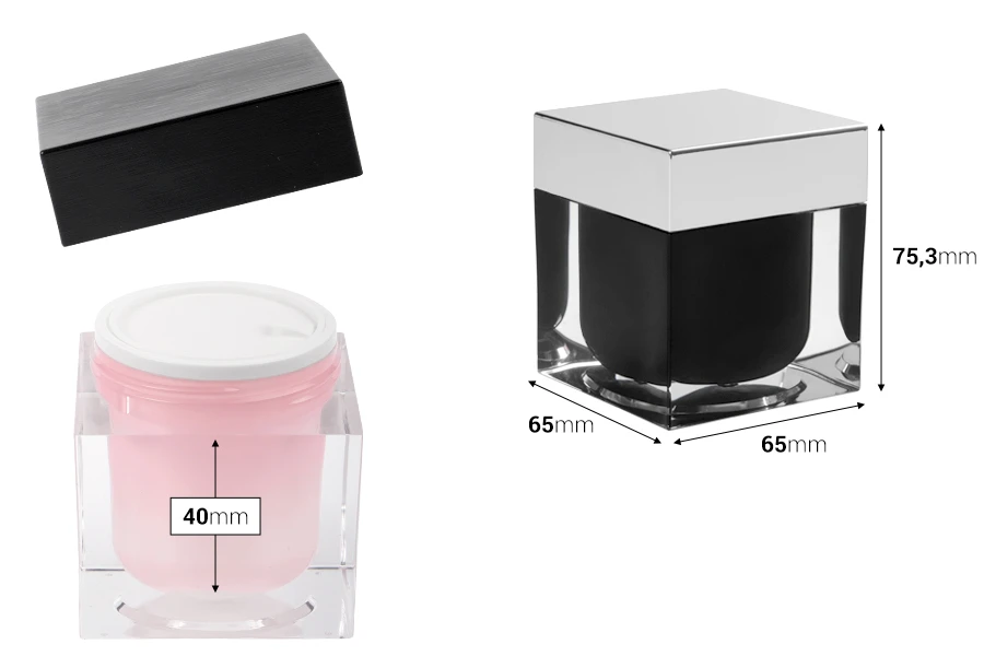 Пластмасов луксозен буркан 100 мл, Акрил за козметика, с пластмасов уплътнител на капачката-изображение_размери