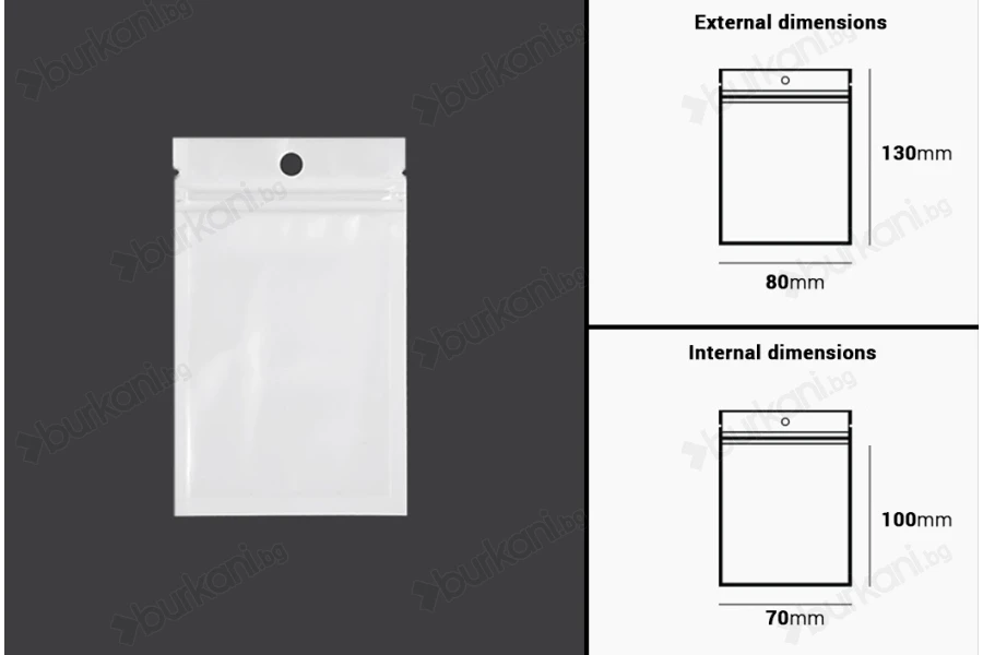 Пластмасови торбички с цип  с размери 80x130 mm, с бял гръб и прозрачна предна част - 100 бр.-изображение_размери