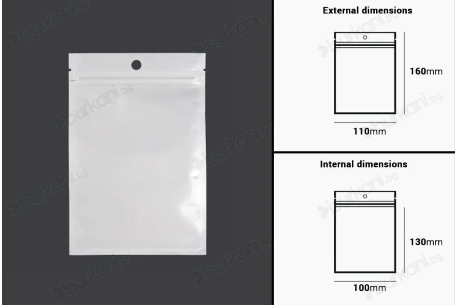 Пластмасови пликове с цип  затваряне с размери 110x160 mm, с бял гръб и прозрачна предна част с дупка - 100 бр.-изображение_размери