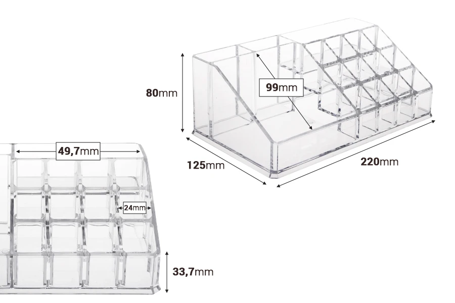 Стойка (акрилна) за грим на 4 нива с 15 места с огледало-изображение_размери