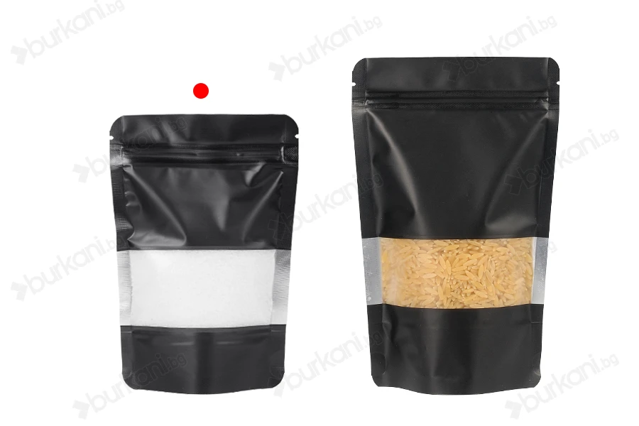 Алуминиеви торбички Doy Pack 100x30x145 мм, със закопчаване "цип", прозорче и възможност за запечатване с термозаварка - 100 бр.-изображение_група