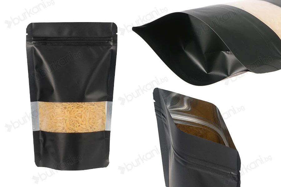 Алуминиеви торбички тип Doy Pack 120x40x195 mm, с "цип" затваряне, прозорец и термозапечтване- 100 бр.-изображение_продукт