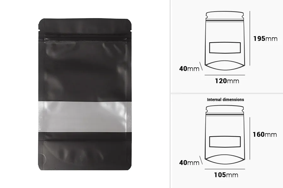 Алуминиеви торбички тип Doy Pack 120x40x195 mm, с "цип" затваряне, прозорец и термозапечтване- 100 бр. Алуминиеви торбички тип Doy Pack 120x40x195 mm, с "цип" затваряне, прозорец и термозапечтване- 100 бр.