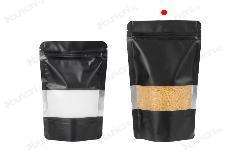 Алуминиеви торбички тип Doy Pack 120x40x195 mm, с "цип" затваряне, прозорец и термозапечтване- 100 бр.-изображение_група