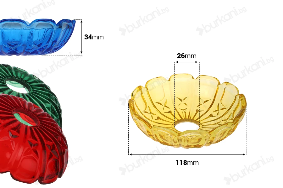 Bobeche qelqi 118x34 me vrimë qendrore 26 mm për shandanë dhe llambadar në ngjyra të ndryshme-изображение_размери