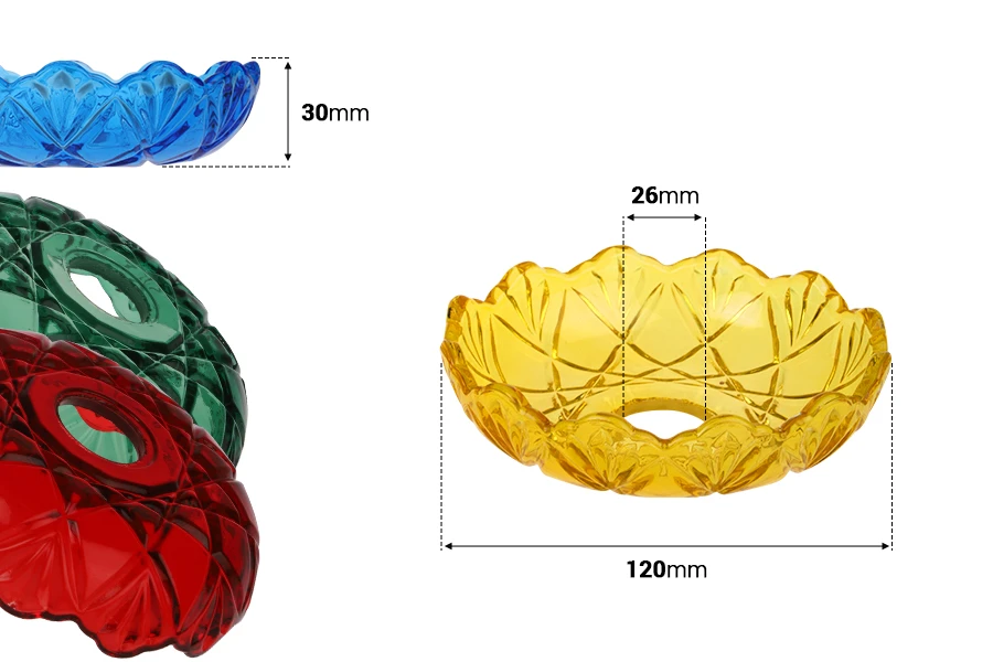 Bobeche qelqi 118x34 me vrimë qendrore 26 mm për shandanë dhe llambadar në ngjyra të ndryshme-изображение_размери