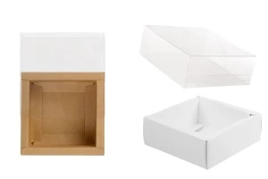 Хартиена опаковъчна кутия (300gsm) 85x85x30 мм с прозрачен пластмасов капак (бяло или крафт) -12 бр.-1