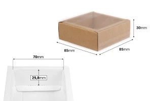 Хартиена опаковъчна кутия (300gsm) 85x85x30 мм с прозрачен пластмасов капак (бяло или крафт) -12 бр.-2